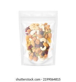 Realistic stand up pouch bag with transparent layer mockup with nuts fill. Vector illustration isolated on white background. Perfect for presentation your product. EPS10. 