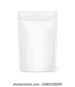 Realistic stand up pouch bag with zip lock mockup with transparent shadow. Front view. Vector illustration isolated on white background. Ready for your design. EPS10.