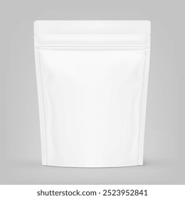 Realistic stand up pouch bag with zip lock mockup with transparent shadow. Front view. Vector illustration isolated on grey background. Ready for your design. EPS10.