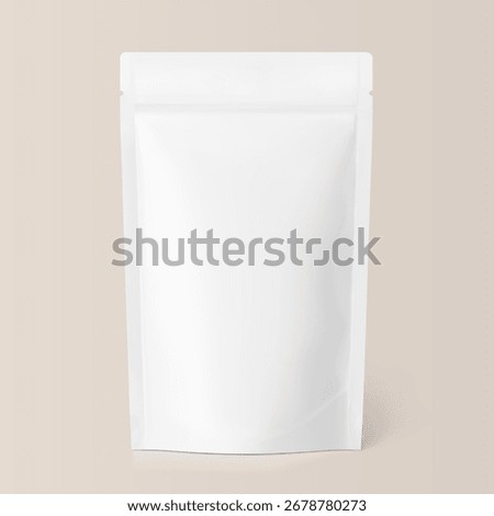Realistic stand up pouch bag with zip lock mockup with transparent shadow. Front view. Vector illustration on colour background. Ready for your design. EPS10.