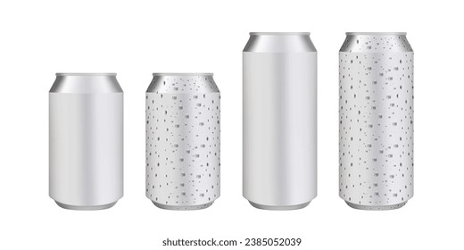 Realistic standard and long aluminium cans with water drops. Vector silver cans of cold beverages, soft drink and energy drinks. Realistic vector aluminium cans with condensation droplets. Vector.