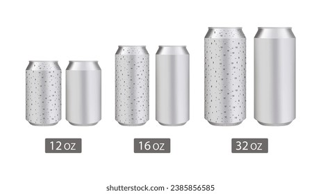 Realistic standard and long aluminium cans with water drops. Vector silver cans of cold beverages, soft drink and energy drinks. Realistic vector aluminium cans with condensation droplets. Vector.