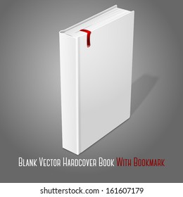 Realistic standing white blank hardcover book with red bookmark. Isolated on grey background for design and branding. Vector