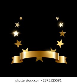 Realistic star gold laurel wreath with golden ribbon. Premium insignia, traditional victory symbol on black backdrop. Triumph, win poster, banner layout , shiny frame, border.