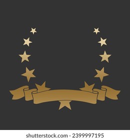 Realistic star gold laurel wreath with golden ribbon. Premium insignia, traditional victory symbol on black backdrop. Triumph, win poster, banner layout , shiny frame, border.