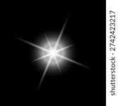 Realistic Star Lens Flare Light Effect with Soft Glow and Extended Rays Isolated on Black Background