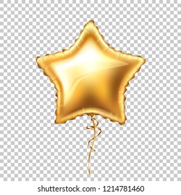 Realistic star shape golden balloon with lace. Vector birthday, anniversary party celebration symbol. Holiday fun, surprice sign, metallic color decoration element. transparent background illustration