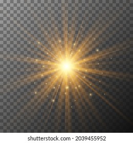 Realistic starburst lighting with sparkling particles. Yellow sun rays and glow on transparent background. Glowing light burst explosion. Flare effect decoration with ray sparkles. Vector illustration