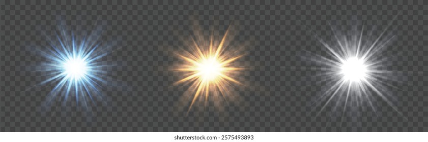 Realistic starburst. Sun rays yellow, blue and white star glow, sunlight effect, realistic radiant shine. Supernova radial burst flare. Vector isolated set.