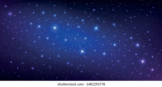 Realistic starry sky with a blue and purple glow, Starry nights with bright shiny stars, Shining stars in dark night galaxy background. Vector illustration.