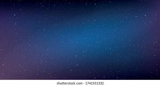 Realistic starry sky with a blue and purple glow, Starry nights with bright shiny stars, Shining stars in the dark sky. Vector illustration.