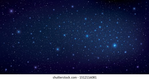 Realistic starry sky glow, Starry nights with bright shiny stars, Shining stars in the dark sky, Milky way galaxy. Vector illustration.