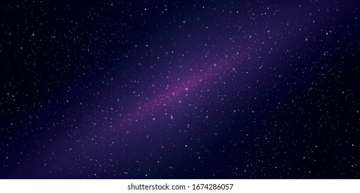 Realistic starry sky with a purple dark and pink glow, Starry nights with bright shiny stars, Shining stars in the dark sky. Vector illustration.