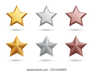 Realistic Stars. Gold Silver Bronze Stars Isolated On White Background. 3D Vector Metal Elements