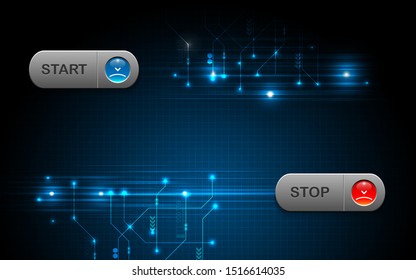 Realistic start and stop button on abstract technology background, digital communication network computer, futuristic energy science system