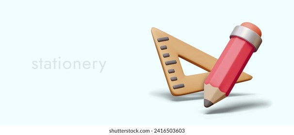 Realistic stationery. Composition with wooden ruler in the shape of triangle with right angle