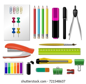 Realistic stationery icon set with stapler pair of pencils handles button rulers vector illustration