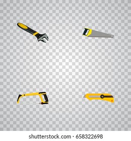 Realistic Stationery Knife, Arm-Saw, Hacksaw And Other Vector Elements. Set Of Tools Realistic Symbols Also Includes Wrench, Spanner, Saw Objects.