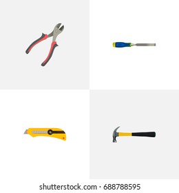Realistic Stationery Knife, Claw, Forceps And Other Vector Elements. Set Of Tools Realistic Symbols Also Includes Pliers, Knife, Forceps Objects.