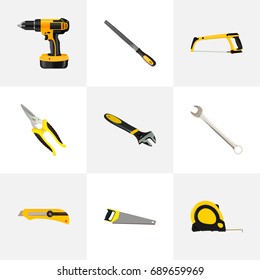 Realistic Stationery Knife, Hacksaw, Electric Screwdriver And Other Vector Elements. Set Of Tools Realistic Symbols Also Includes Wrench, Spanner, Sawmill Objects.