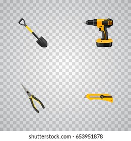 Realistic Stationery Knife, Nippers, Spade And Other Vector Elements. Set Of Instruments Realistic Symbols Also Includes Stationery, Instrument, Noise Objects.