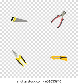 Realistic Stationery Knife, Scissors, Forceps And Other Vector Elements. Set Of Tools Realistic Symbols Also Includes Sawmill, Saw, Clippers Objects.