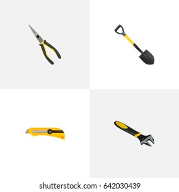 Realistic Stationery Knife, Spade, Nippers And Other Vector Elements. Set Of Construction Realistic Symbols Also Includes Knife, Nippers, Spanner Objects.
