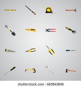 Realistic Stationery Knife, Spanner, Hacksaw And Other Vector Elements. Set Of Instruments Symbols Also Includes Roller, Hacksaw, Tape Objects.