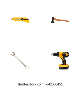Realistic Stationery Knife, Spanner, Hatchet And Other Vector Elements. Set Of Construction Realistic Symbols Also Includes Wrench, Drill, Axe Objects.