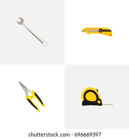 Realistic Stationery Knife, Spanner, Length Roulette And Other Vector Elements. Set Of Tools Realistic Symbols Also Includes Clippers, Spanner, Knife Objects.
