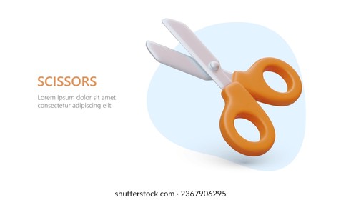 Realistic stationery scissors with yellow handles. Commercial poster for store. Left handed scissors. Stationery for lefty. Horizontal template, place for text on white background