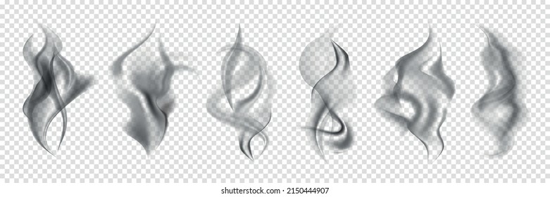 Realistic steam smoke black icon set different movements of smoke in the wind vector illustration