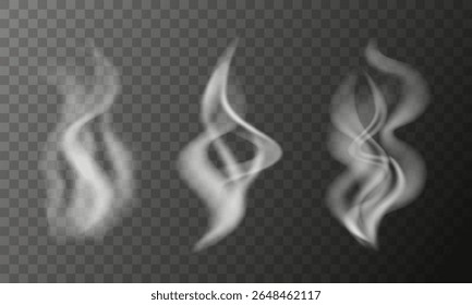 Conjunto de vetores de efeito de fumaça de vapor realista. Elementos de design transparentes de nevoeiro branco e sobreposições de vapor.