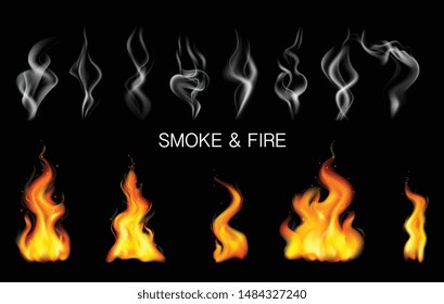 Realistic steam smoke fire flame icon set with different sizes shapes on black background vector illustration