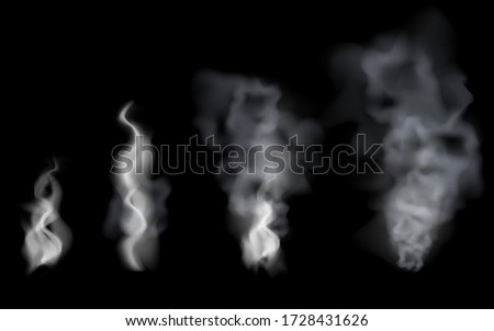 Realistic steam smoke set. Cloudy design element white and translucent on black background vector illustration