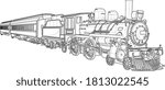 Realistic steam train sketch template. Cartoon vector illustration in black and white for games, background, pattern, decor. Print for fabrics and other surfaces. Coloring paper, page, story book