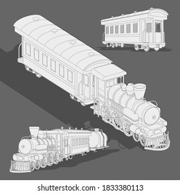 Realistic Steam Train Sketch Template.Vector Coloring Page 3d Model Train. Cartoon Vector Illustration In Black And White. Coloring Paper, Page, Story Book