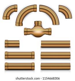 Realistic Steampunk Copper Metal Tubes Set. EPS10 Vector