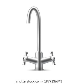 Realistic steel chrome water supply faucet for bathroom and kitchen sink on white background isolated. Stainless metal aqua handle. 3d vector illustration