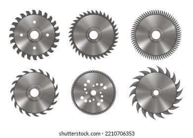 Realistic steel circular saw blade collection. Rotary cutter symbols. Cutting disk signs, circle blades, woodworking, rotary graphic element. 3d vector illustration