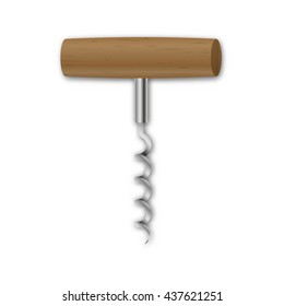 Realistic steel corkscrew with wooden handle isolated on a white background,  element kitchen inventory, vector illustration.