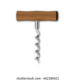 Realistic steel corkscrew with wooden handle isolated on a white background,  element kitchen inventory, vector illustration.