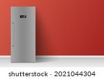 Realistic steel kitchen refrigerator at red background vector illustration. Household appliance cooling products food and drink storage. Modern domestic closed door fridge with digital display