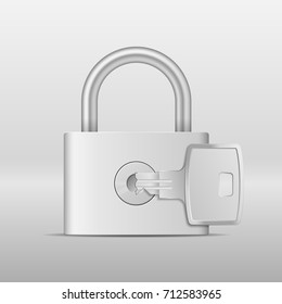 Realistic steel lock opening with key. Vector illustration of safety, guard, security. Rent, sale, purchase or lease property. Your password logo or icon.