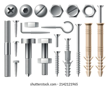 Realistic steel nut. Metal 3D fasteners. Different types bolts and self-tapping screws. Nail caps top view. Metallic hooks. Build and repair tools. Vector chrome joinery