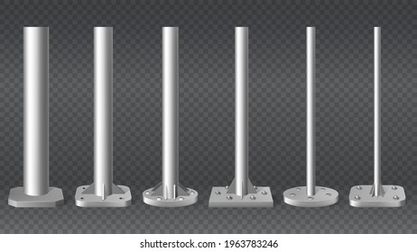 Realistic steel pillars. Metal cylinder pole pipes, 3d steel columns vector illustration mockup set. Different diameters metal pole pillars. Aluminium architectural metallic, metal silver polished