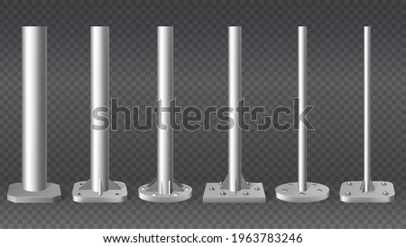 Realistic steel pillars. Metal cylinder pole pipes, 3d steel columns vector illustration mockup set. Different diameters metal pole pillars. Aluminium architectural metallic, metal silver polished