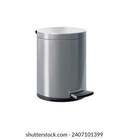 Realistic steel trash can with pedal, metal bin or container. Isolated 3d vector stainless waste disposal dustbin, sleek, hygienic, convenient solution for clean and modern home or office environment