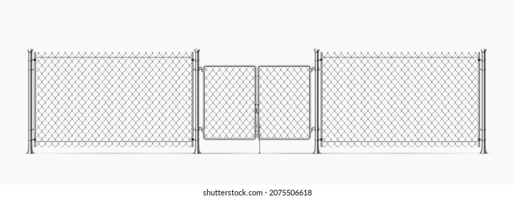 Realistic steel wire fence with gates and metal columns. Barrier chain link mesh with door. 3d prison or military wire border vector element. Defensive border for secured property territory