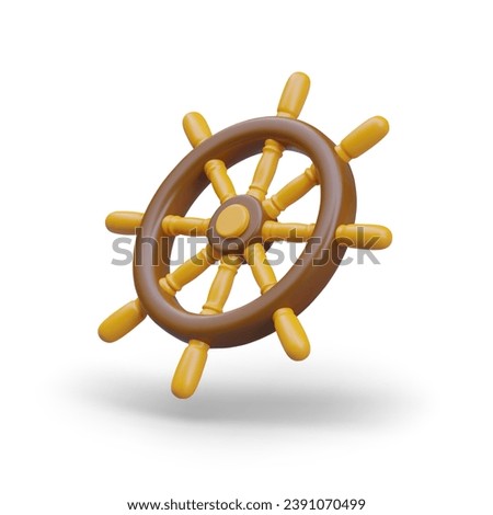 Realistic steering wheel to control ship in yellow and brown colors. Nautical rudder, navigation, control. Concept of cruise travel. Vector illustration in 3D style